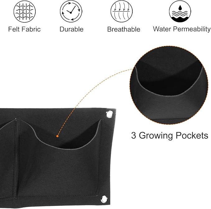 MECCANIXITY Vertical Hanging Grow Bag with 3 Pockets, Wall Mounted Felt Fabric Flowerpot Bag Plant Container for Garden Home Decoration, Black
