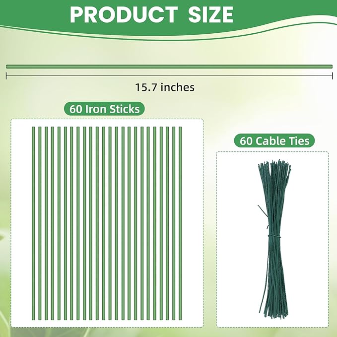 60 Pcs Plant Stakes, 16 Inch Bendable Plant Support Stakes with 60 Pcs Plant Clips, Metal Plant Sticks for Outdoor Indoor Plants Support, Potted Plants, Flowers, Orchid
