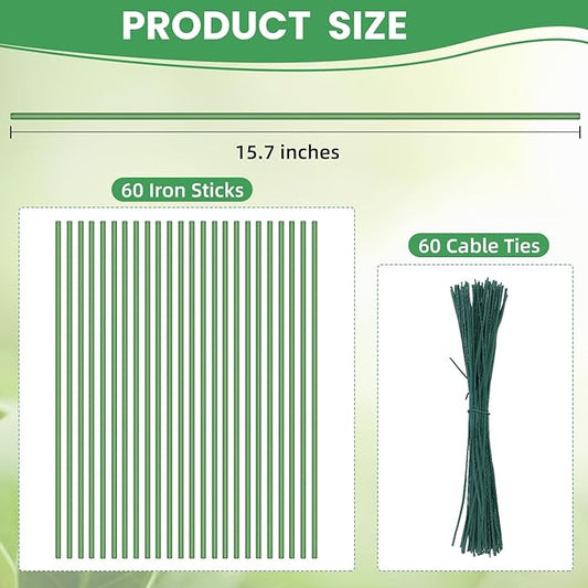 60 Pcs Plant Stakes, 16 Inch Bendable Plant Support Stakes with 60 Pcs Plant Clips, Metal Plant Sticks for Outdoor Indoor Plants Support, Potted Plants, Flowers, Orchid