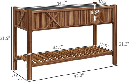 Outsunny Raised Garden Bed, Elevated Wood Planter Box with Storage Shelf, Drainage Holes, and Liner for Backyard, Patio, Balcony, 47 x 22 x 31.5 in, Carbonized