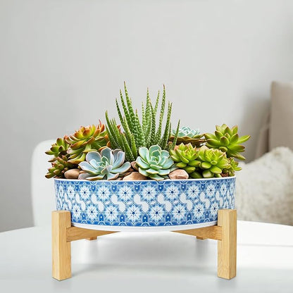 ARTKETTY Succulent Pots - 11 Inch Large Plant Pots Ceramic Bonsai Pots with Drainage Stand, Shallow Succulent Planters for Indoor Plants Decorative Flower Cactus Planter Bowl