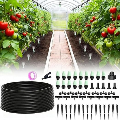 65FT Garden Drip Irrigation Kit - DIY Misting Cooling System with 1/4" Tubing & Adjustable Atomizing Nozzles for Greenhouse, Patio, Raised Beds, Potted Plants