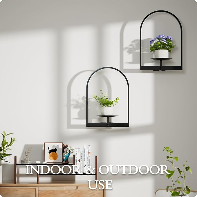 Black Metal Wall Plant Holder - 2-Pack Wall Mounted Plant Stands and Hanging Holders for Indoor Planter and Flower Pot - Arch Decor Shelf for Plant Storage (Pot Not Included)