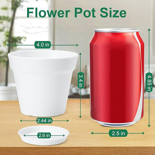 16 Pack Plastic Plant Pots with Drainage Holes and Tray, 4 inch Thickened Indoor Planters Seedlings Nursery Pots for Flowers, African Violet, Succulent and All House Plants, White