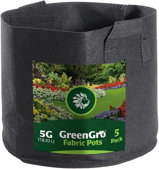 GreenGro 5-Pack 5 Gallon Nonwoven Fabric Grow Bags - Fabric Planting Pots/Great for Vegetables, Herbs, Flowers, Shrubs/Portable for Indoor & Outdoor Plants/Improved Aeration & Drainage
