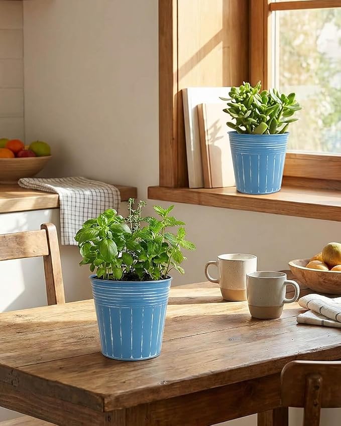 vensovo 5 Inch Blue Metal Rustic Flower Pots - 6Pcs Medium Galvanized Planters with Drainage Hole and Rubber Plug, Rustproof Metal Bucket Plant Pots Farmhouse Vintage Style for Decor