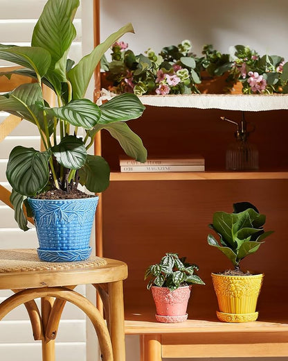 Ceramic Plant Pots, 3.8+4.9+5.8 Inch, Set of 3 Flower Pots with Drainage Hole & Saucer, Embossed Planter Pots for House Plants, Home Decor, Set of 4, Assorted Colors