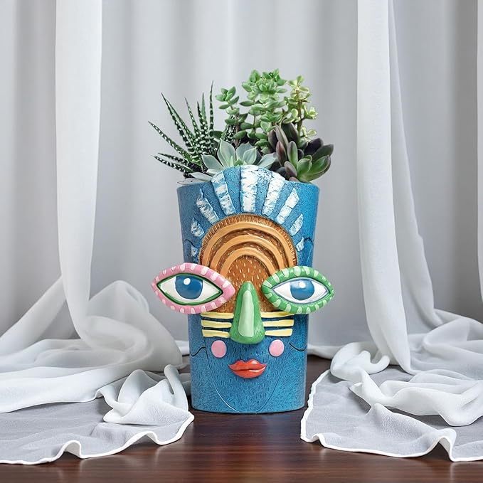 Picasso Abstract Face Flower Pot,Plant Pot with Facial Expressions,Handmade Resin Plant Pot with Drainage Holes,for Indoor and Outdoor Botanical Home décor (Blue Large)