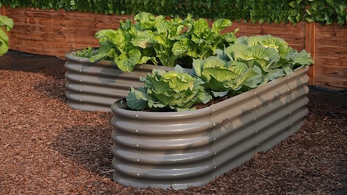 A ANLEOLIFE 14-Piece 18 Inch Tall Raised Garden Beds Kit, Heart-Shaped, Long Oval & Round Metal Planters – Ideal for Creative Garden Layouts, Quartz Grey