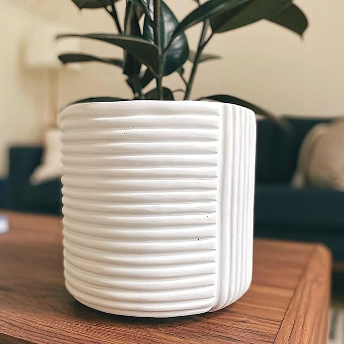 Fox & Fern 10 Inch Plant Pot with Drainage Plug — Premium Polystone White Plant Pot - Modern Planter with 3D Texture and Ceramic Finish - 10 Inch Pots for Plants Indoor & Outdoor