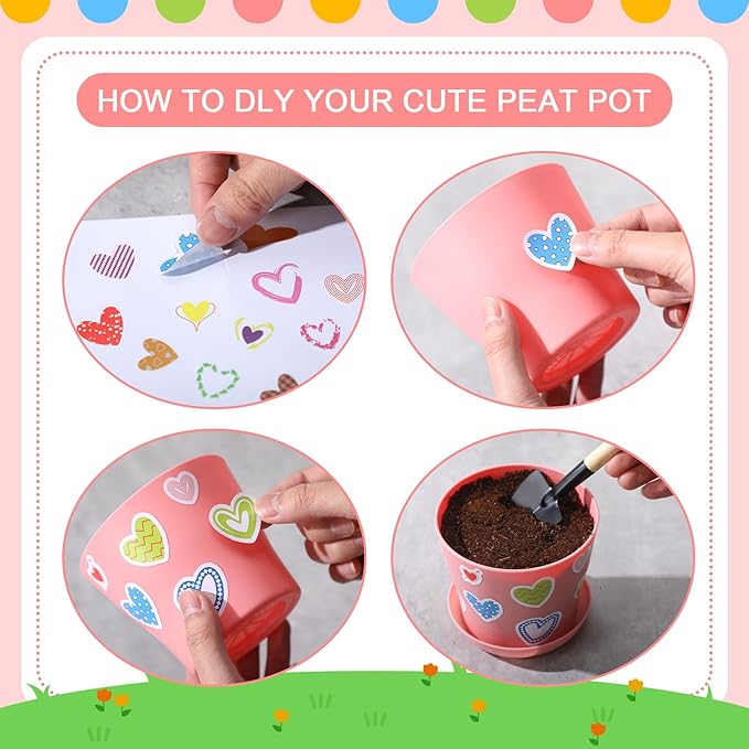Domensi 30 Pack Spring Crafts for Kids Bulk DIY Flower Pots 4 Inch Plastic Garden Plant Pots Planters with Tray Drainage Holes with 458 Stickers 30 Certificates Cards to Decorate(Multicolored)