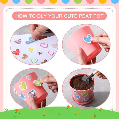 Domensi 30 Pack Spring Crafts for Kids Bulk DIY Flower Pots 4 Inch Plastic Garden Plant Pots Planters with Tray Drainage Holes with 458 Stickers 30 Certificates Cards to Decorate(Multicolored)