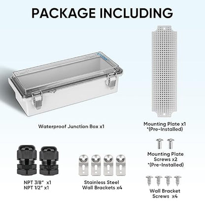 TICONN Outdoor Electrical Box Waterproof, Junction Box IP67 ABS Plastic Enclosure with Hinged Cover with Mounting Plate, Wall Brackets, Cable Glands (Clear, 10.2"x4.3"x3.0")
