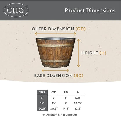 Classic Home and Garden Outdoor Round Whiskey Resin Flower Pot Barrel Planter, Distressed Oak Brown, 20.5" (Pack of 3)