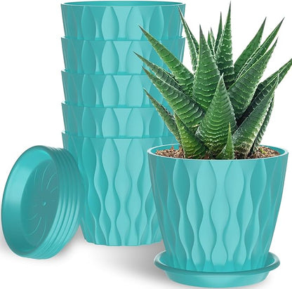 6 Pack 6 Inch Indoor Plant Pots with Drainage Holes, Outdoor Plastic Decorative Flower Pots, Garden Planters with Tray Saucers for Orchids, Violets, Succulents, Herbs, and Other Plants