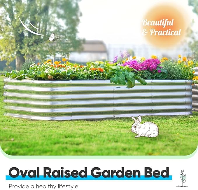 Quictent Raised Garden Bed Kit Oval Galvanized Metal Planter Box Tall for Vegetables Outdoor Backyard, Strengthened by Crossbar, Silver 8x4x1.5 ft