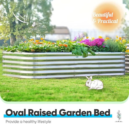 Quictent Raised Garden Bed Kit Oval Galvanized Metal Planter Box Tall for Vegetables Outdoor Backyard, Strengthened by Crossbar, Silver 8x4x1.5 ft