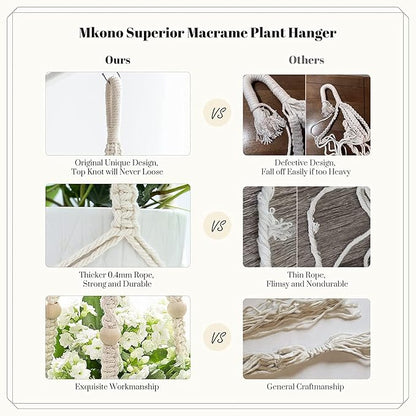 Mkono 3 Pack Macrame Plant Hangers, Different Sizes Hanging Planters Indoor Basket Decorative Flower Pots Holder Stand Boho Home Decor, Ivory