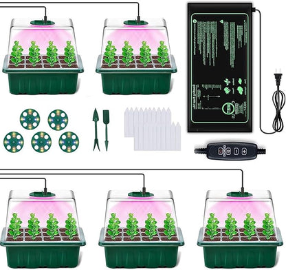 FINEST+ Seed Starter Tray with Heat Mat and Grow Light,5 Pack Seedling Starter Trays with Time Controller,Seedling Starter Tray with Adjustable Brightness,Seed Starting Kit with Adjustable Humidity