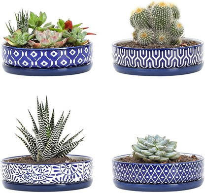 Selamica Ceramic Succulent Pots, Shallow Succulent Planters with Drainage Hole & Saucer, Indoor Plant Pots for Cactus, Home Decor，Vintage Blue,6 inch