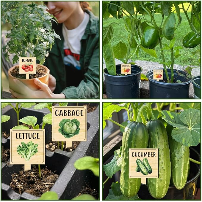 arricraft 15 Pcs Watercolor Vegetable Plant Labels, Wooden Markers T Type Tags Garden Labels with Printed Pattern Wood Garden Stakes for Indoor and Outdoor Potted Vegetable Seed