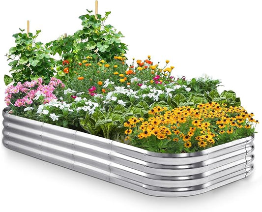 Quictent Galvanized Raised Garden Bed Kit, 8x4x1 ft Oval Metal Planter Box for Vegetables, Strengthened by Crossbar, Beige, 2PCS