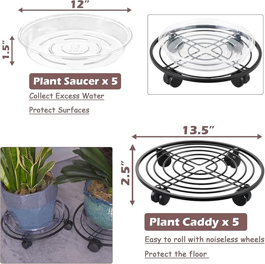 5 Packs 13.5" Metal Plant Caddy with Wheels Large Rolling Plant Stands Indoor Wheeled Plant Dolly Heavy-duty Planter Mover Roller Base Outdoor GardenTrolley Cart Water-proof, Plant Saucers on Wheels