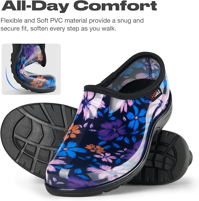 HISEA Waterproof Garden Shoe for Women Outdoor Slip-On Garden Clogs Rubber Rain Boots Short Ankle Booties Rain Shoes with Comfort Insole