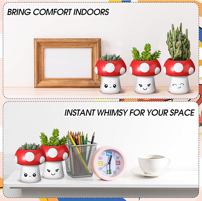Leinuosen 3 Pack Mushroom Planter Cute Small Succulent Plant Pot for Indoor Plants with Drainage Mushroom Kitchen Decor Funny Mini Smiling Face Cactus Flower Pot for Living Room Table Accessories