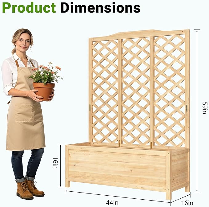 DoCred Raised Garden Bed with Trellis, 44" L x 16" W x 59" H Freestanding Elevated Planter Box for Climbing Plants, Outdoor Wooden Privacy Screen with Garden Box for Backyard Patio Balcony Decor