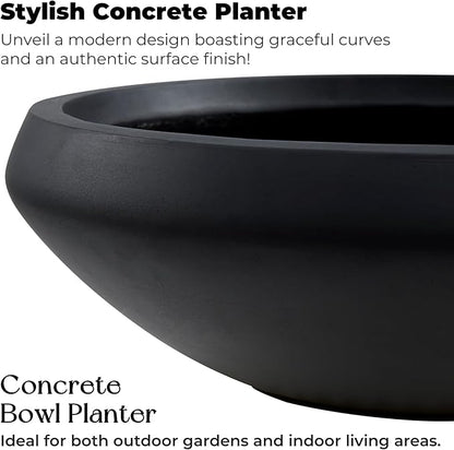 Large Bowl Planter, 23.3"Dia x 8"H Succulent Pot with Drain Hole, 21"Opening Flowerpot for Herbs, Bonsai, and Shallow-root Plants, Concrete Planters for Indoor Outdoor Garden, Patio Decor, Large-Black