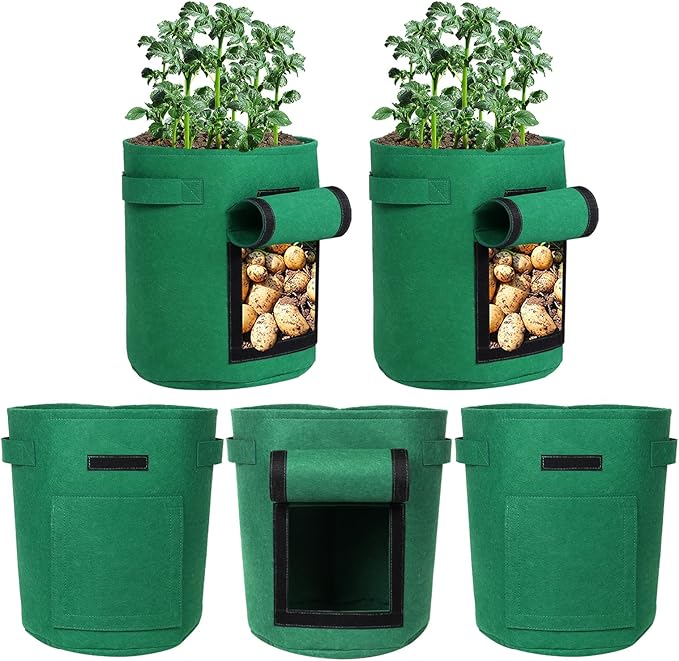 5-Pack 7 Gallon Grow Bags with Harvest Window Thickened 300g Nonwoven Fabric Heavy Duty Plant Pots Easy for Vegetables Potato Tomatoes Carrots Gardening Containers with Handles Green