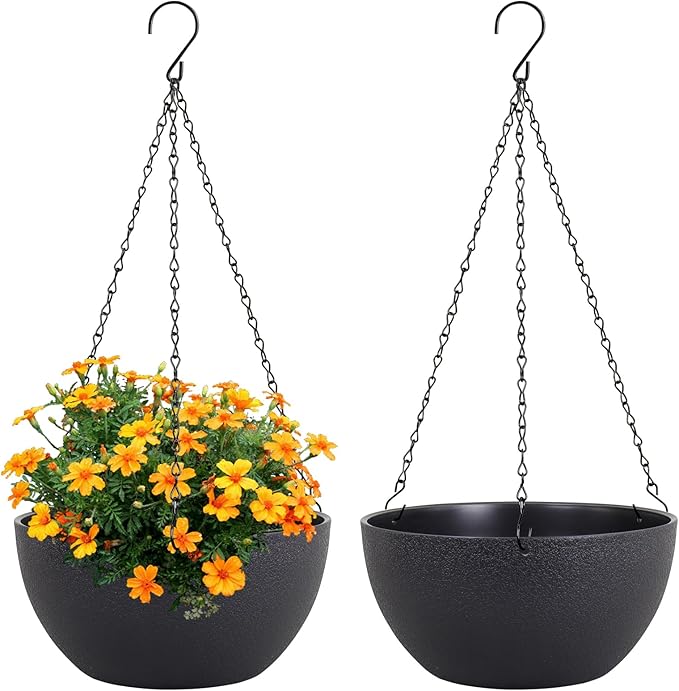 10 inch Hanging Planters for Indoor Outdoor Plants, 2 Pack Hanging Flower Pots with Drainage Holes and Chain for Garden Porch, Round Plastic Hanging Baskets for House Plants, Black