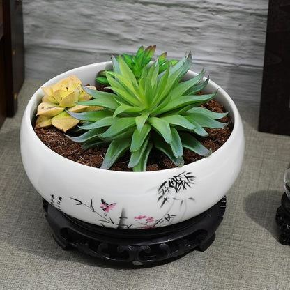 HANABASS Blue and White Porcelain Lotus Planter Hydroponic Ceramic Plant Pot with Plastic Base for Indoor Plants and Water Lily - Large Hydroponic Ceramic Flower Pot for Home and Office Decoration