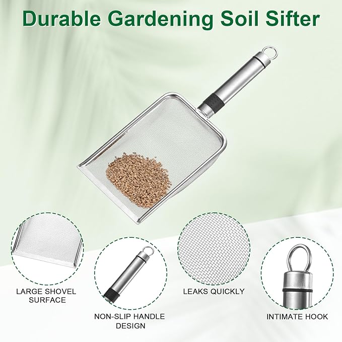 2-Pack Gardening Soil Sifter, 1/6 mm Mesh Stainless Steel Sand Soil Compost Sieve with Stainless Steel Handle for Sand/Dirt/Rock Compost [Silver Tone]