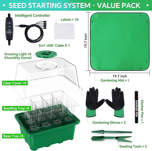 5-Pack Seed Starter Tray with Grow Light, 60 Cells Seed Starter Kit with Adjustable Brightness Timing Controller, Mini Greenhouse Germination Kit for Seeds Starting (Value Pack)
