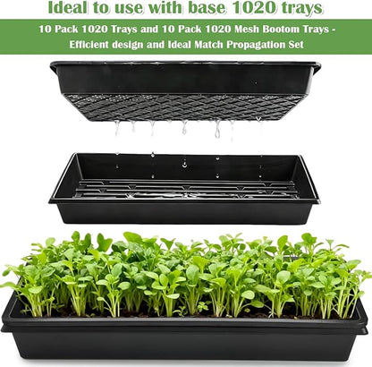 10 Pack 1020 Trays and 10 Pack 1020 Mesh Bootom Trays, 20'' x 10'', Heavy Duty Propagation Flats for Microgreens, Seed Starting, Soil Blocks, Hydroponics & Wheatgrass (10 Sets)