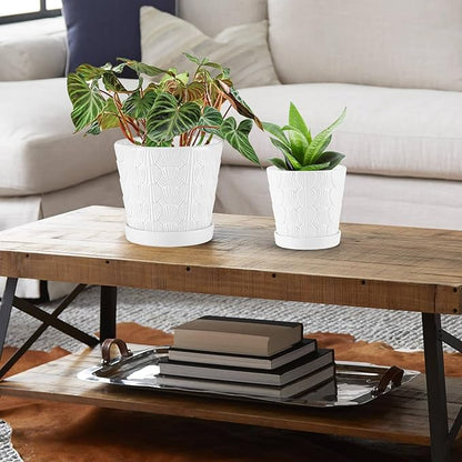 EFISPSS Ceramic Plant Pots, 5+6 Inch Pots for Indoor Plants, Planters with Drainage Holes and Tray, Modern Flower Pots Gardening Home Desktop Office Windowsill Decoration Gift Set of 2 - White