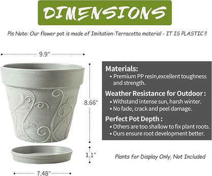 Melphoe Plant Pots Indoor with Drainage & Saucer, 2Pack 10 inch Flower Pots Outdoor Planters for Indoor Plants Garden Home Decor Cactus Succulent, Rigid Plastic (Imitation-Terracotta) Vine-Embossed