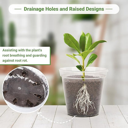 GREANER 10 Packs 8 Inch Plant Pots, Clear Nursery Pots for Plants, Plastic Seedling Pots with Drainage Holes, High Transparency Flower Seed Starter Pot with Bonus 20 Plant Labels