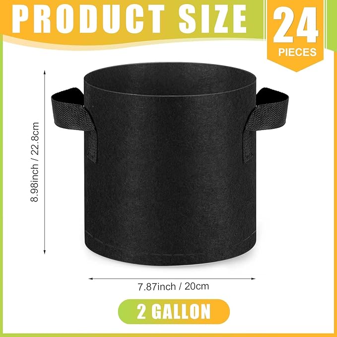 Nuanchu 24 Packs Grow Bags Bulk Aeration Fabric Pot with Handles Thickened Nonwoven Garden Bags to Healthy Root Growth Vegetables Heavy Duty Grow Pots Planting Planter for Flower Fruits (2 Gallon)