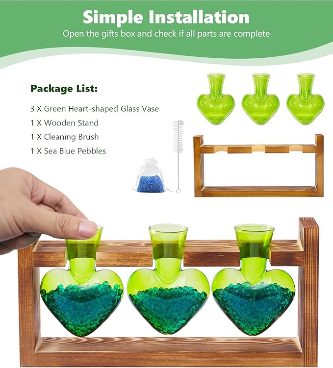 Nacome Plant Terrarium Propagation Stations: Birthday Gifts for Plant Lovers Women Mom Wife Daughter - 3 Bulb Glass Vase with Wooden Stand Tabletop for Hydroponics Home Garden Decor(Green)