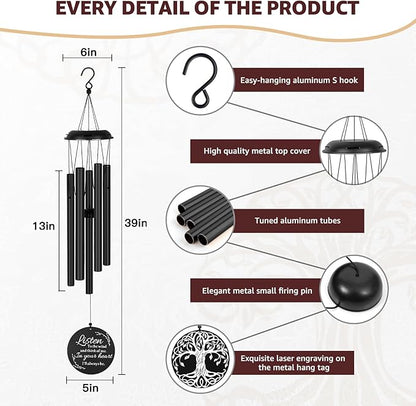 Sympathy Wind Chimes for Loss of Loved One, Memorial Windchimes for Lost Father Mother, Remembrance Bereavement Gift with Card, in Memory of Dad Mom Metal Funeral Decor for Garden Outdoor (39“ Black)