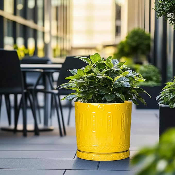 Ceramic Flower Pots, 12 Inch Plant Pot with Drainage Holes and Saucers, Round Pots for Plants for Indoor Outdoor, Boho Decorative Planter, Garden House Decor, Gifts for Women, Yellow