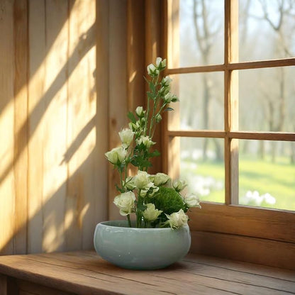 Water Lotus Bowl Planter Kit - Japanese Compote Bowl Ikebana Vase Set w/ 1.8" Floral Frog- Ideal for Ikebana, Flower Arrangement & Hydroponic Planting (Ice Crackle Celadon)