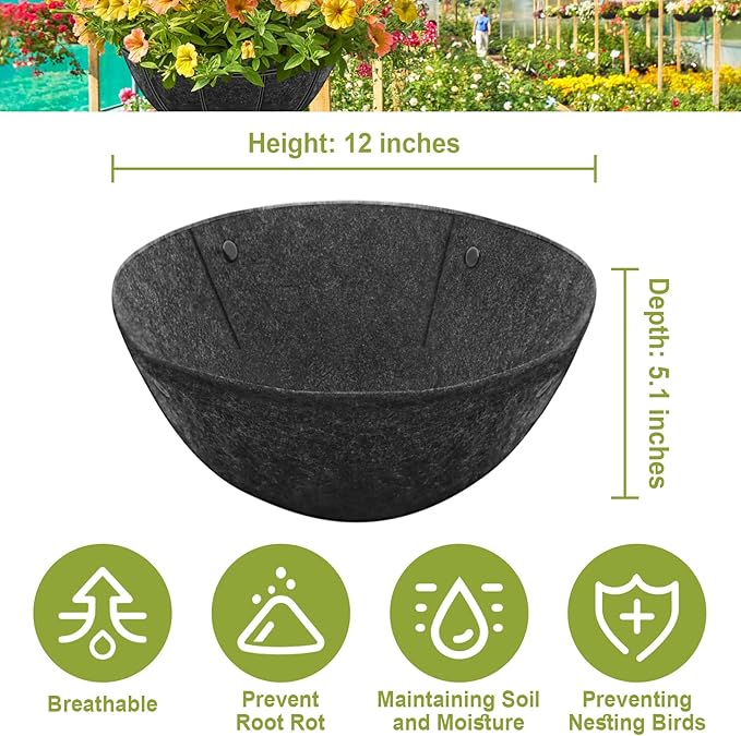 Riare 2 Pack 12 Inch Round Fabric Planter Basket Liner- Hanging Basket Liners Replacement Coco Fiber Liner Alternative for Hanging Basket Flowers (Prevent Birds from Nesting)