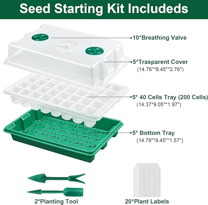 5 Pcks Seed Starter Tray 200 Cells Seed Starter Kit with Humidity Dome, Seed StartingTrays for Seed Seedling Planting Starter, Mini Greenhouse Plant Germination Trays（Green）