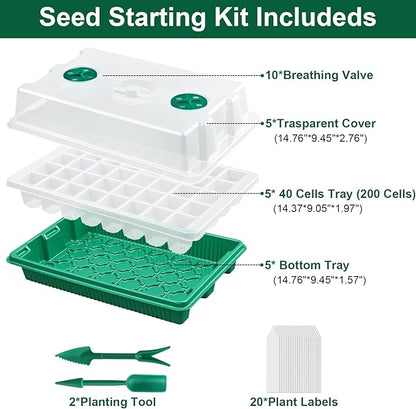 5 Pcks Seed Starter Tray 200 Cells Seed Starter Kit with Humidity Dome, Seed StartingTrays for Seed Seedling Planting Starter, Mini Greenhouse Plant Germination Trays（Green）