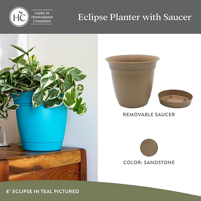 The HC Companies 20 Inch Eclipse Round Planter Pots with Drainage Holes & Attached Saucer, Lightweight UV-Resistant Plastic Indoor & Outdoor Planters, 2-Pack Flower Pots, Garden Home Decor, Sandstone