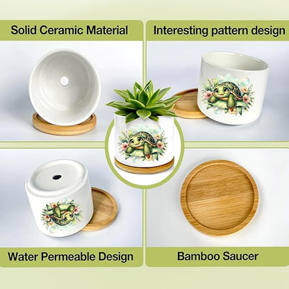 Turtle Succulent Pots 3 Pack, 3 Inch Succulent Planters with Drainage and Bamboo Tray, Turtle Gifts for Women, Ceramic Small Pots for Baby Plants, Cactus, Herbs- Plants Not Included